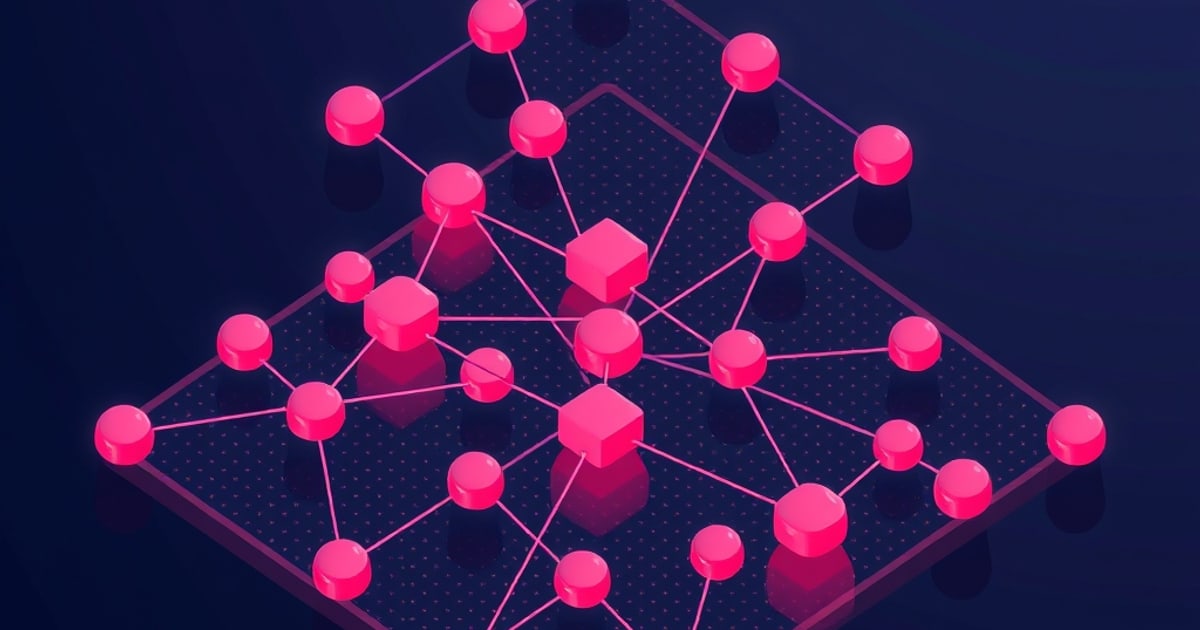 Flat isometric illustration of a dense pink node network, spheres and two cubes wired together across a dark diamond platform.
