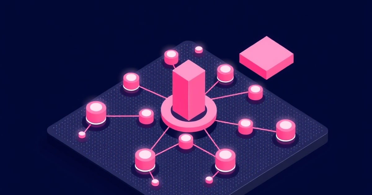 Isometric illustration of a pink pillar on a teal pad ringed by linked spheres beside a translucent block, representing hardening a model by training