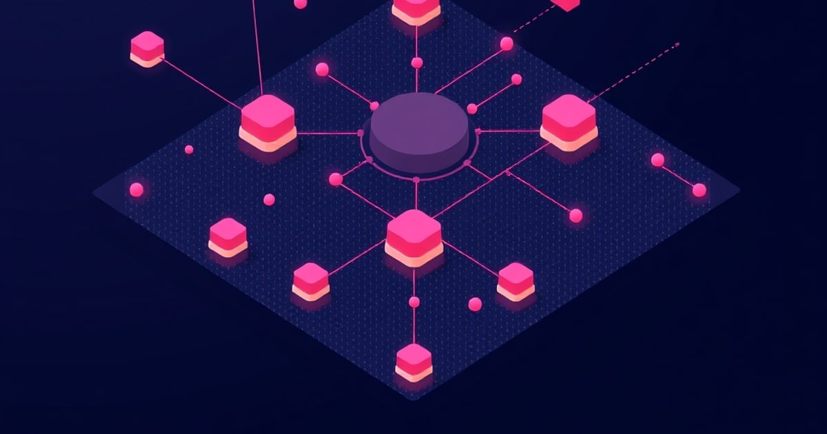 Flat isometric illustration of a dark purple disc at the center of a pink node graph, hexagonal pucks and dots radiating across a dim diamond plane.