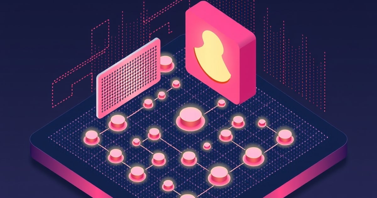 Isometric illustration of a glowing node network bracketed by two hexagonal blocks, representing screening a training set for poisoned data points