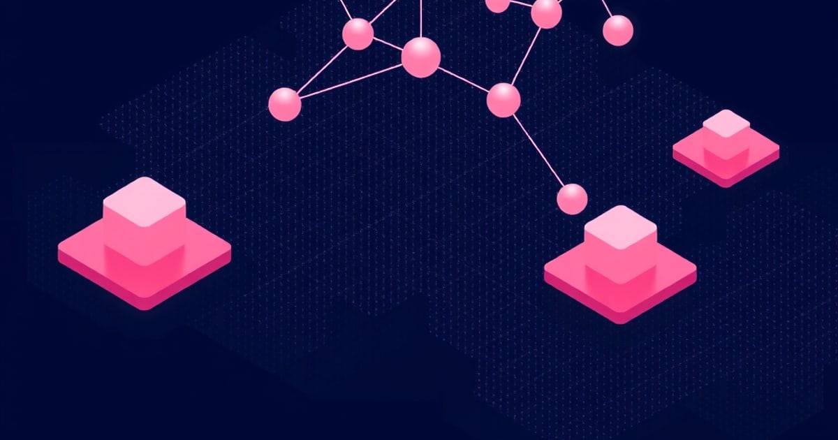 Flat isometric illustration of a graph neural network drawn as linked spheres and cubes hovering above a grid board