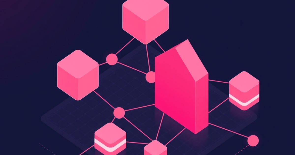 Flat isometric illustration of a pink barrier slab intercepting the links of a cube network graph on a dark grid, evoking packet-level defenses.